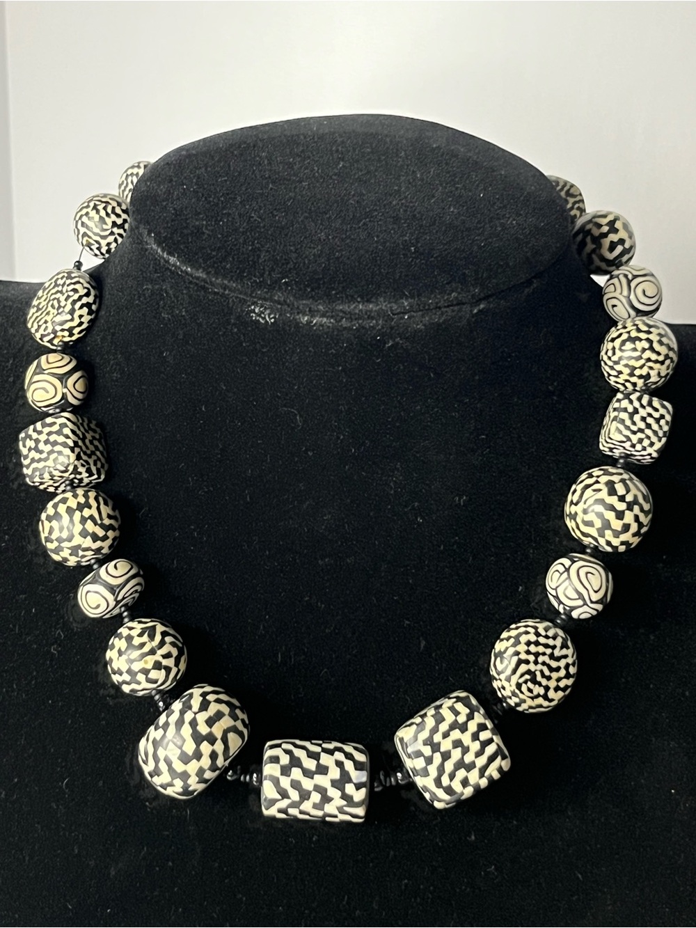 Black and White Patterned Bead Necklace — Statement Women's Necklace